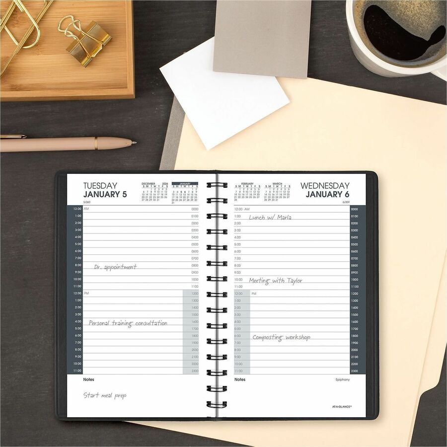 At-A-Glance 24-HourAppointment Book Planner - Julian Dates - Daily - 1 Year - January 2024 - December 2024 - 12:00 AM to 11:00 PM - Hourly - 1 Day Single Page Layout - 4 7/8" x 8" Sheet Size - Wire Bound - Black - Simulated Leather - 1 Each