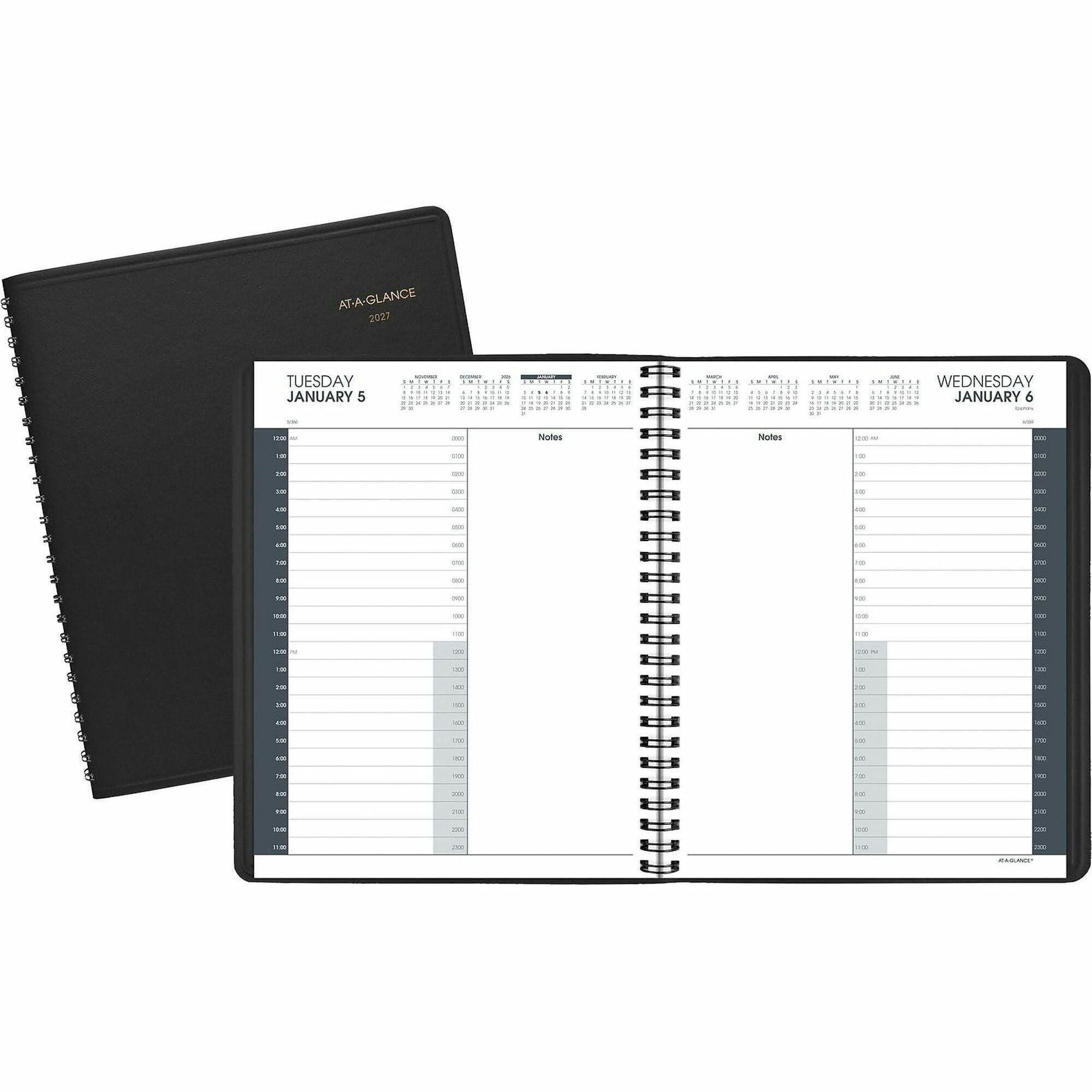 At-A-Glance 24-HourAppointment Book Planner - Daily - January 2024 - December 2024 - 12:00 AM to 11:00 PM - Hourly - 1 Day Single Page Layout - 8 1/2" x 11" Sheet Size - Wire Bound - Simulated Leather - Black CoverNotepad - 1 Each