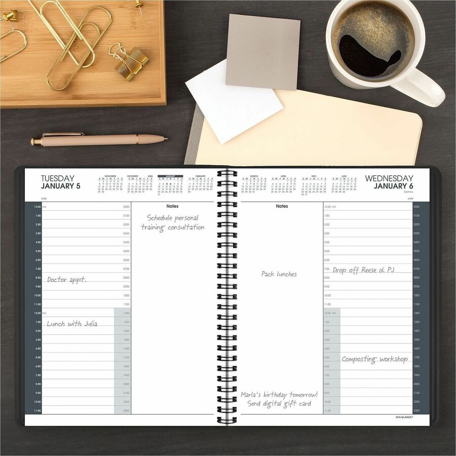 At-A-Glance 24-HourAppointment Book Planner - Daily - January 2024 - December 2024 - 12:00 AM to 11:00 PM - Hourly - 1 Day Single Page Layout - 8 1/2" x 11" Sheet Size - Wire Bound - Simulated Leather - Black CoverNotepad - 1 Each