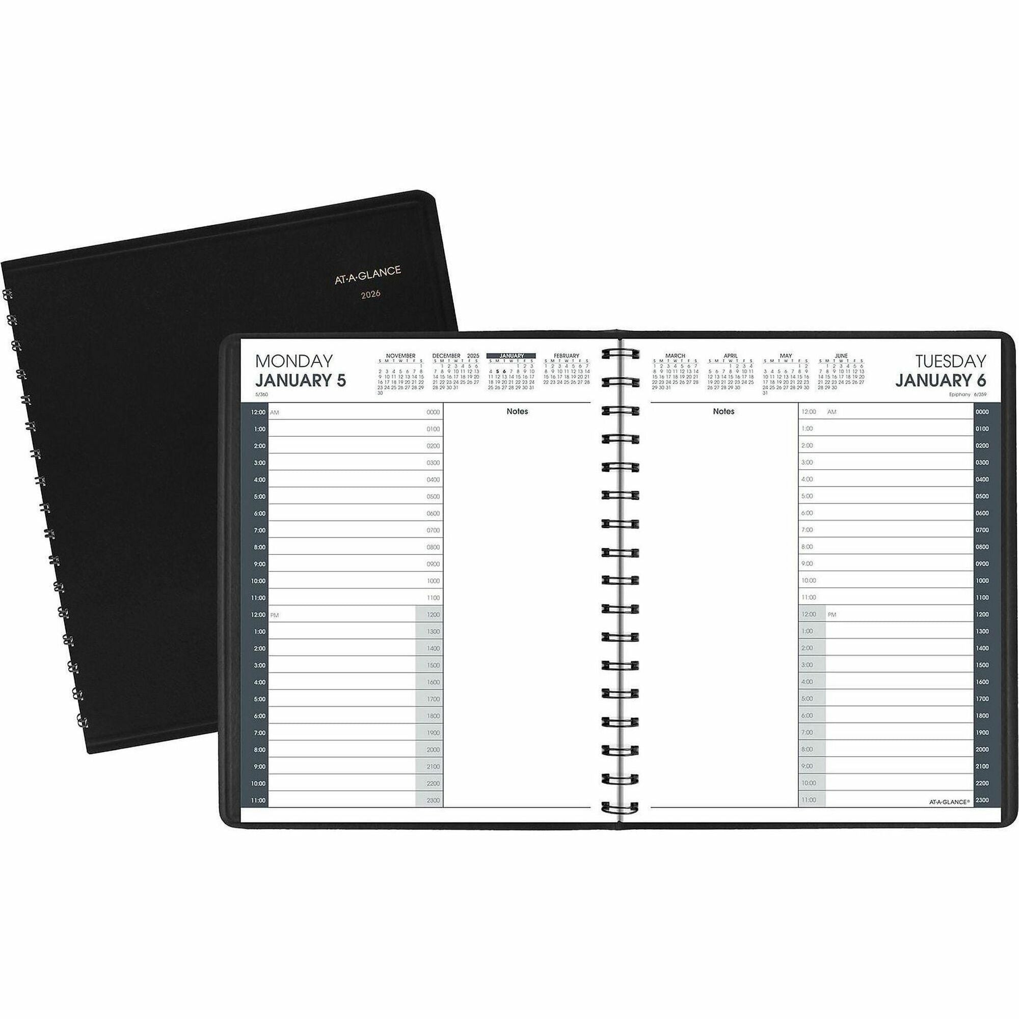 At-A-Glance 24-HourAppointment Book Planner - Medium Size - Julian Dates - Daily - 1 Year - January 2024 - December 2024 - 12:00 AM to 11:00 PM - Hourly - 1 Day Single Page Layout - 7" x 8 3/4" White Sheet - Wire Bound - Black - Simulated Leather, Fa