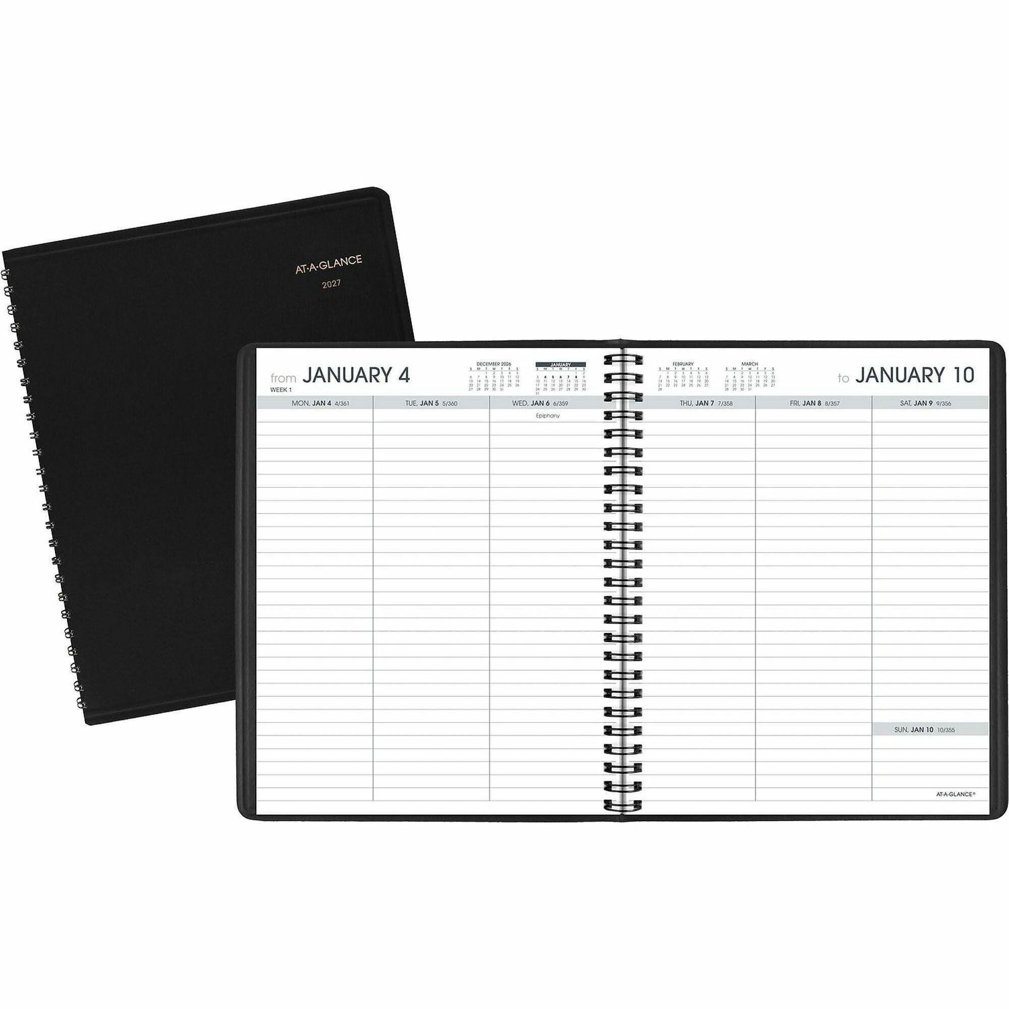 Weekly Planner Ruled for Open Scheduling, 8.75 x 6.75, Black Cover, 12-Month (Jan to Dec): 2024