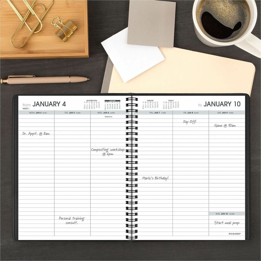 Weekly Planner Ruled for Open Scheduling, 8.75 x 6.75, Black Cover, 12-Month (Jan to Dec): 2024