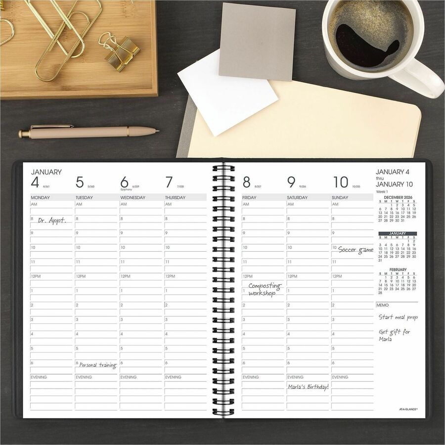 Weekly Vertical-Column Appointment Book Ruled for Hourly Appointments, 8.75 x 7, Black Cover, 13-Month (Jan-Jan): 2024-2025