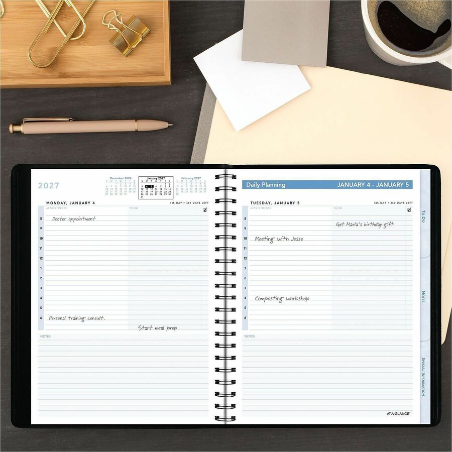 At-A-Glance Action PlannerAppointment Book Planner - Medium Size - Julian Dates - Daily - 1 Year - January 2024 - December 2024 - 8:00 AM to 6:00 PM - Hourly - 1 Day Single Page Layout - 6 1/2" x 8 3/4" White Sheet - Wire Bound - Black - Simulated Le