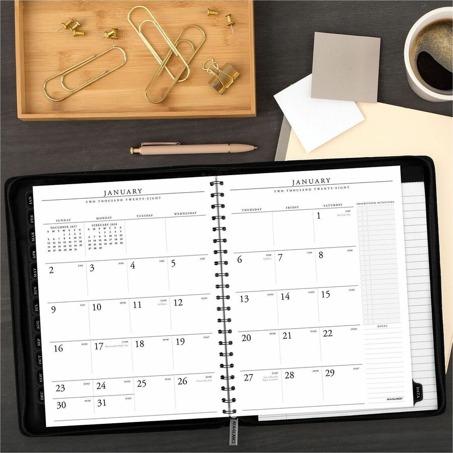 At-A-Glance Executive Appointment Book with Zipper - Large Size - Julian Dates - Weekly, Monthly - 12 Month - January 2024 - December 2024 - 8:00 AM to 5:45 PM - Quarter-hourly - 1 Week, 1 Month Double Page Layout - 8 1/4" x 11" White Sheet - Wire Bo