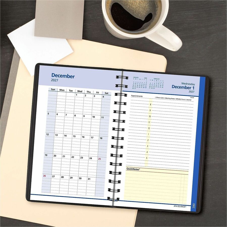 At-A-Glance QuickNotes Appointment Book Planner - Small Size - Julian Dates - Daily, Monthly - 1 Year - January 2024 - December 2024 - 8:00 AM to 5:00 PM - Hourly - 1 Day Single Page Layout 1 Month Double Page Layout - 5" x 8" White Sheet - Wire Boun