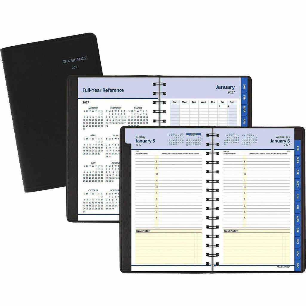 At-A-Glance QuickNotes Appointment Book Planner - Small Size - Julian Dates - Daily, Monthly - 1 Year - January 2024 - December 2024 - 8:00 AM to 5:00 PM - Hourly - 1 Day Single Page Layout 1 Month Double Page Layout - 5" x 8" White Sheet - Wire Boun