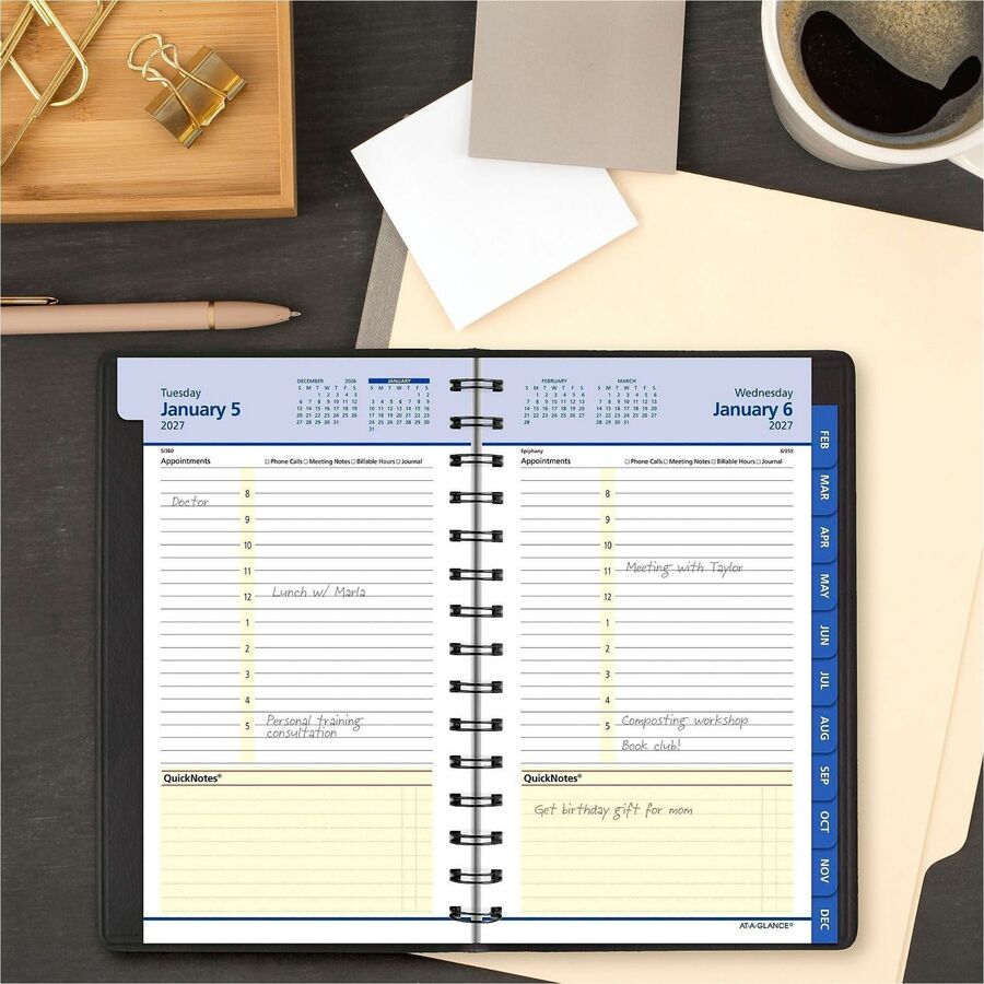 At-A-Glance QuickNotes Appointment Book Planner - Small Size - Julian Dates - Daily, Monthly - 1 Year - January 2024 - December 2024 - 8:00 AM to 5:00 PM - Hourly - 1 Day Single Page Layout 1 Month Double Page Layout - 5" x 8" White Sheet - Wire Boun