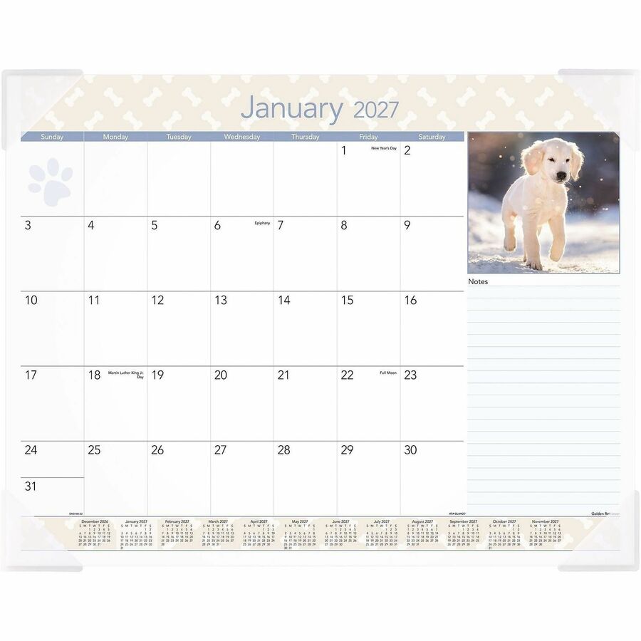 At-A-Glance Puppies Desk Pad - Standard Size - Monthly - 12 Month - January 2024 - December 2024 - 1 Month Single Page Layout - 21 3/4" x 17" White Sheet - Desktop, Desk Pad - White - Paper - Full-color Photos of Puppies, Bleed Resistant Paper, Unrul