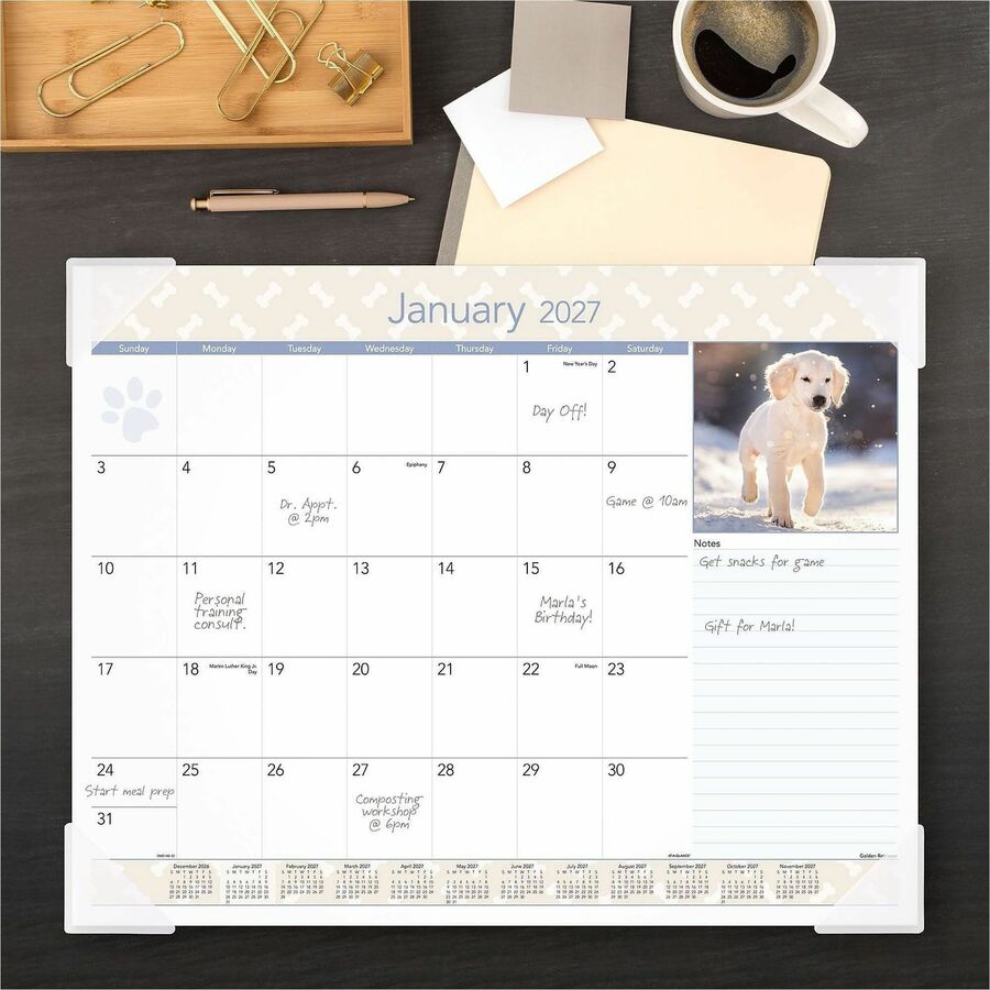 At-A-Glance Puppies Desk Pad - Standard Size - Monthly - 12 Month - January 2024 - December 2024 - 1 Month Single Page Layout - 21 3/4" x 17" White Sheet - Desktop, Desk Pad - White - Paper - Full-color Photos of Puppies, Bleed Resistant Paper, Unrul