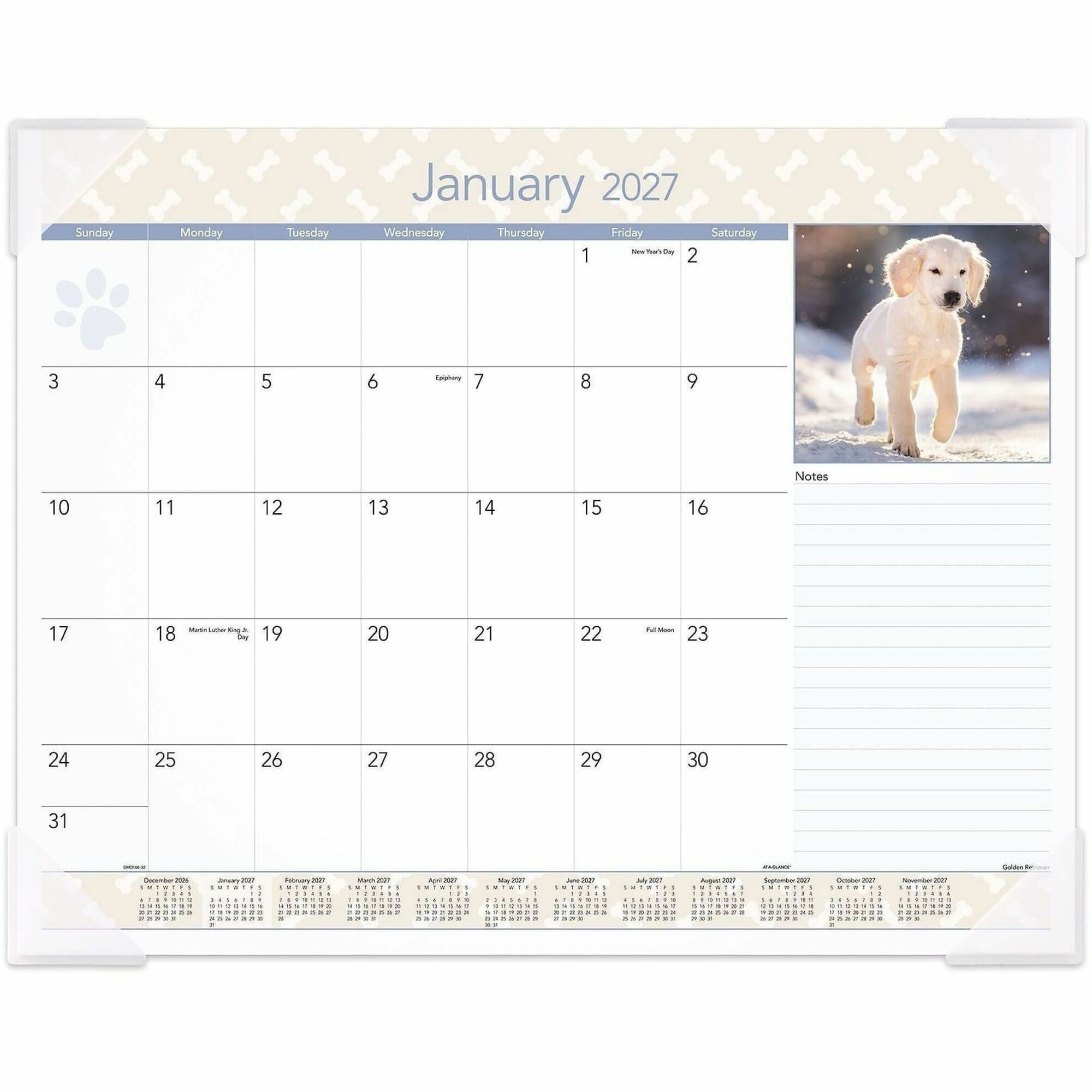 At-A-Glance Puppies Desk Pad - Standard Size - Monthly - 12 Month - January 2024 - December 2024 - 1 Month Single Page Layout - 21 3/4" x 17" White Sheet - Desktop, Desk Pad - White - Paper - Full-color Photos of Puppies, Bleed Resistant Paper, Unrul