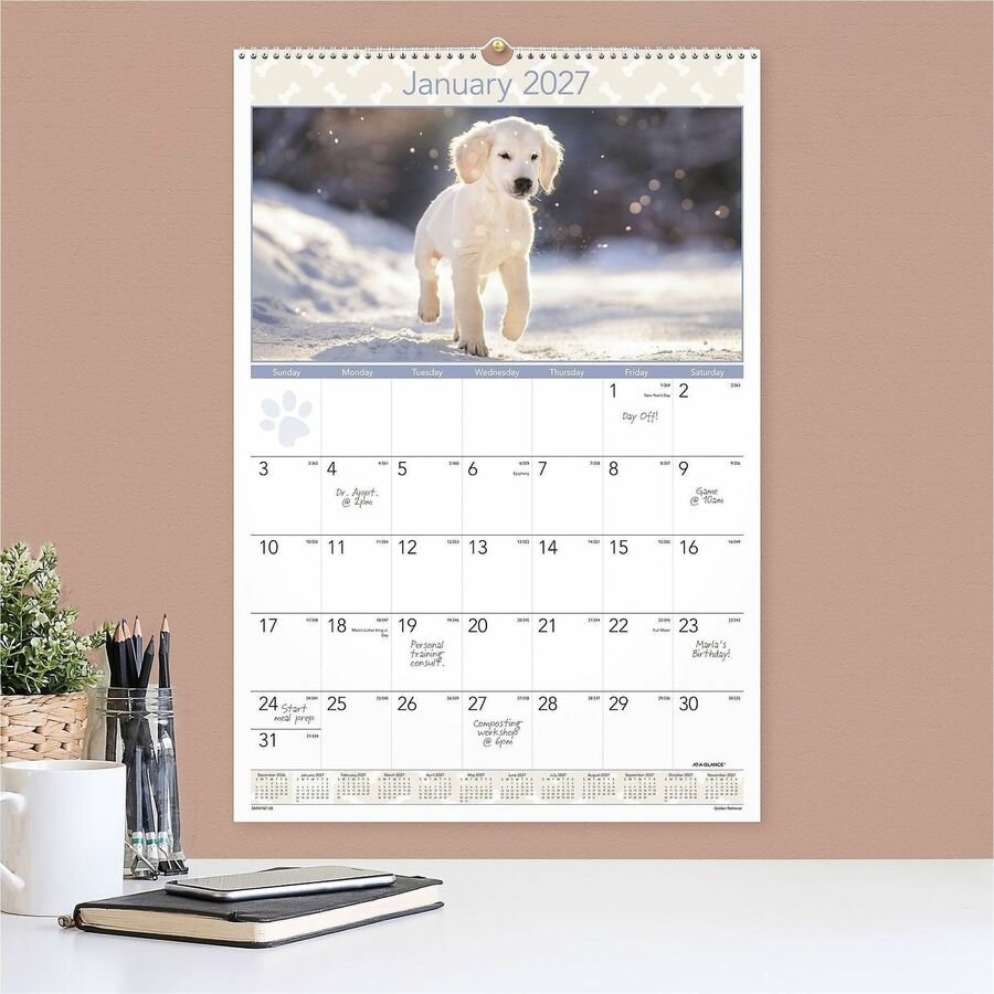 At-A-Glance Puppies Wall Calendar - Large Size - Julian Dates - Monthly, Yearly - 12 Month - January 2024 - December 2024 - 1 Month Single Page Layout - 15 1/2" x 22 3/4" White Sheet - 2" x 2.13" Block - Wire Bound - White - Chipboard, Paper - Hangin