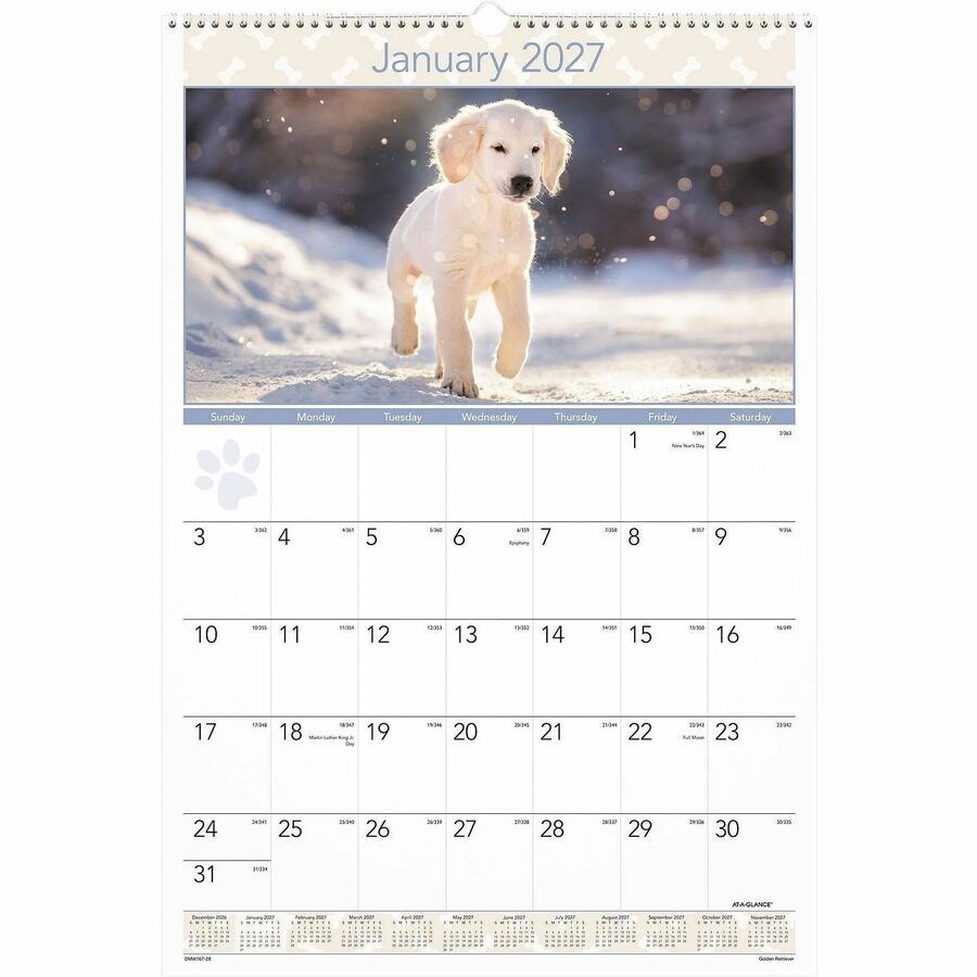 At-A-Glance Puppies Wall Calendar - Large Size - Julian Dates - Monthly, Yearly - 12 Month - January 2024 - December 2024 - 1 Month Single Page Layout - 15 1/2" x 22 3/4" White Sheet - 2" x 2.13" Block - Wire Bound - White - Chipboard, Paper - Hangin