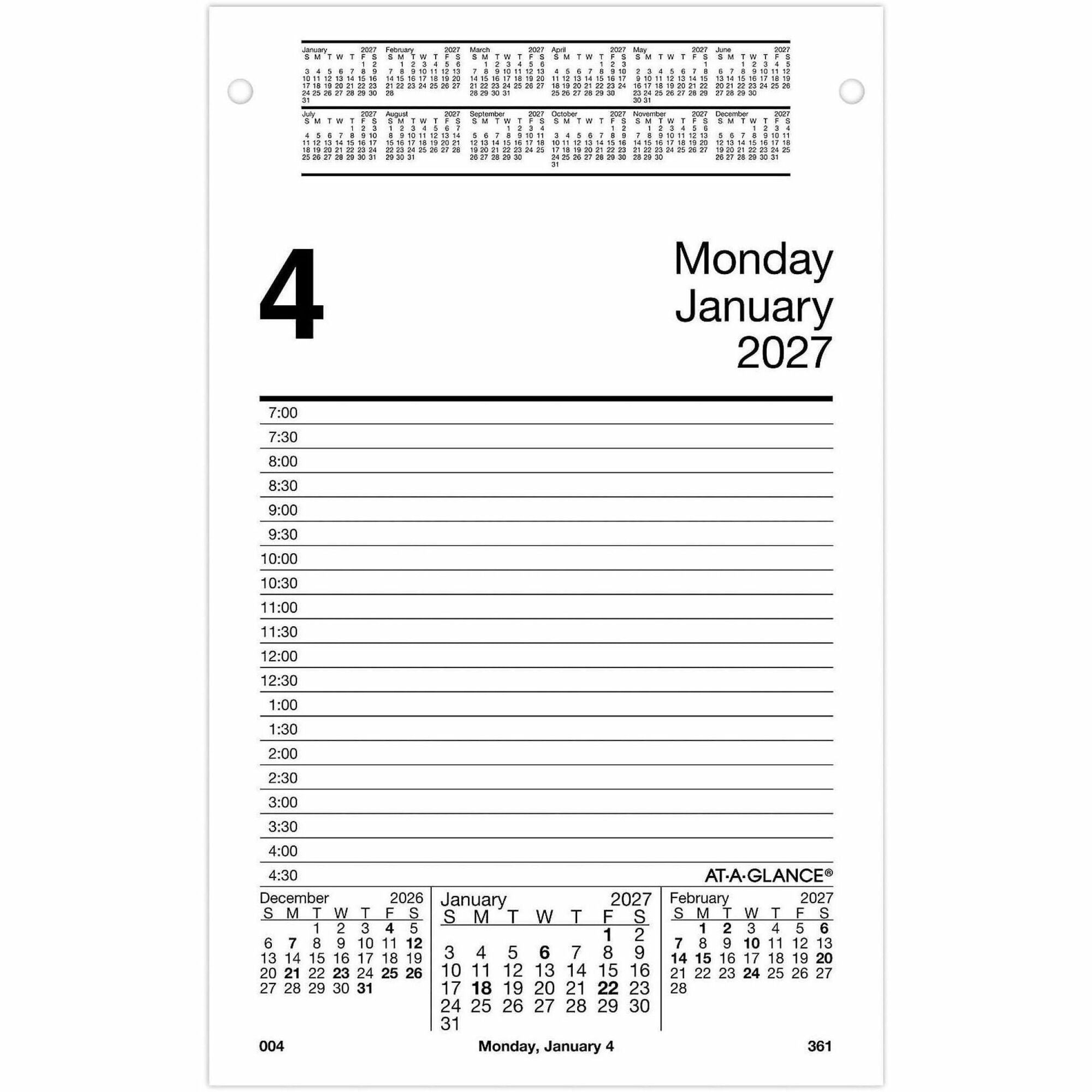 At-A-Glance Pad Style Desk Pad Calendar Refill - Large Size - Julian Dates - Daily - 12 Month - January 2024 - December 2024 - 7:00 AM to 4:30 PM - Half-hourly - 1 Day Double Page Layout - 5" x 8" White Sheet - Desktop, Desk - White - Paper - Referen
