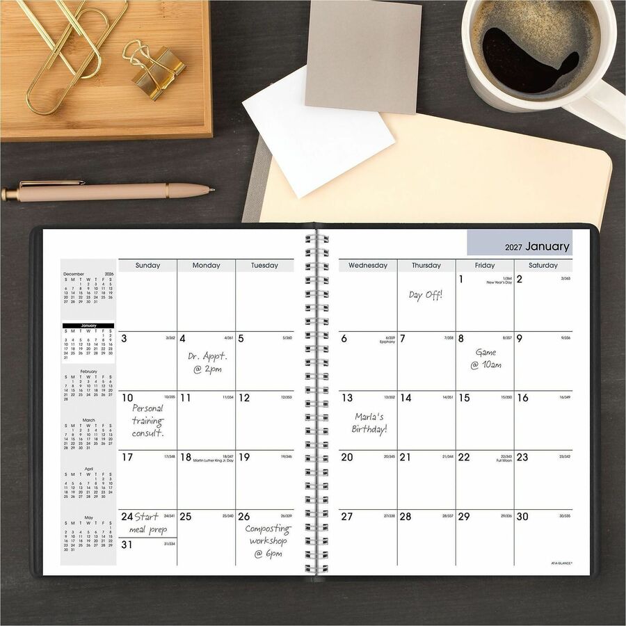 DayMinder Monthly Planner with Notes Column, Ruled Blocks, 8.75 x 7, Black Cover, 12-Month (Jan to Dec): 2024
