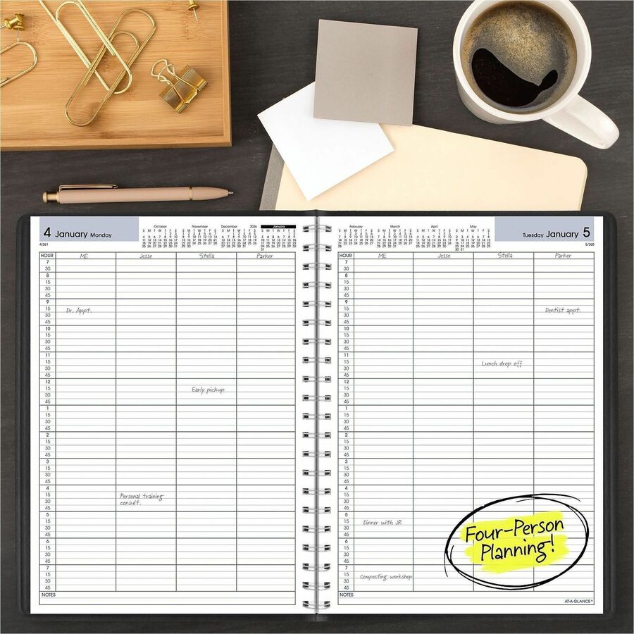DayMinder Four-Person Group Daily Appointment Book, 11 x 8, Black Cover, 12-Month (Jan to Dec): 2024