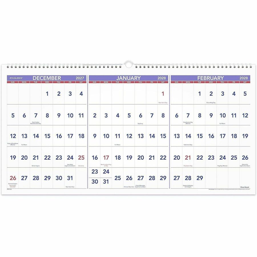 Deluxe Three-Month Reference Wall Calendar, Horizontal Orientation, 24 x 12, White Sheets, 15-Month (Dec-Feb): 2023 to 2025