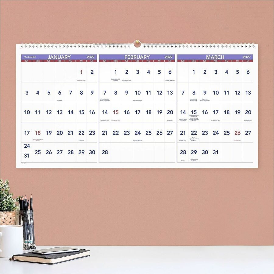 Deluxe Three-Month Reference Wall Calendar, Horizontal Orientation, 24 x 12, White Sheets, 15-Month (Dec-Feb): 2023 to 2025