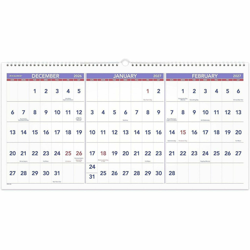 Deluxe Three-Month Reference Wall Calendar, Horizontal Orientation, 24 x 12, White Sheets, 15-Month (Dec-Feb): 2023 to 2025