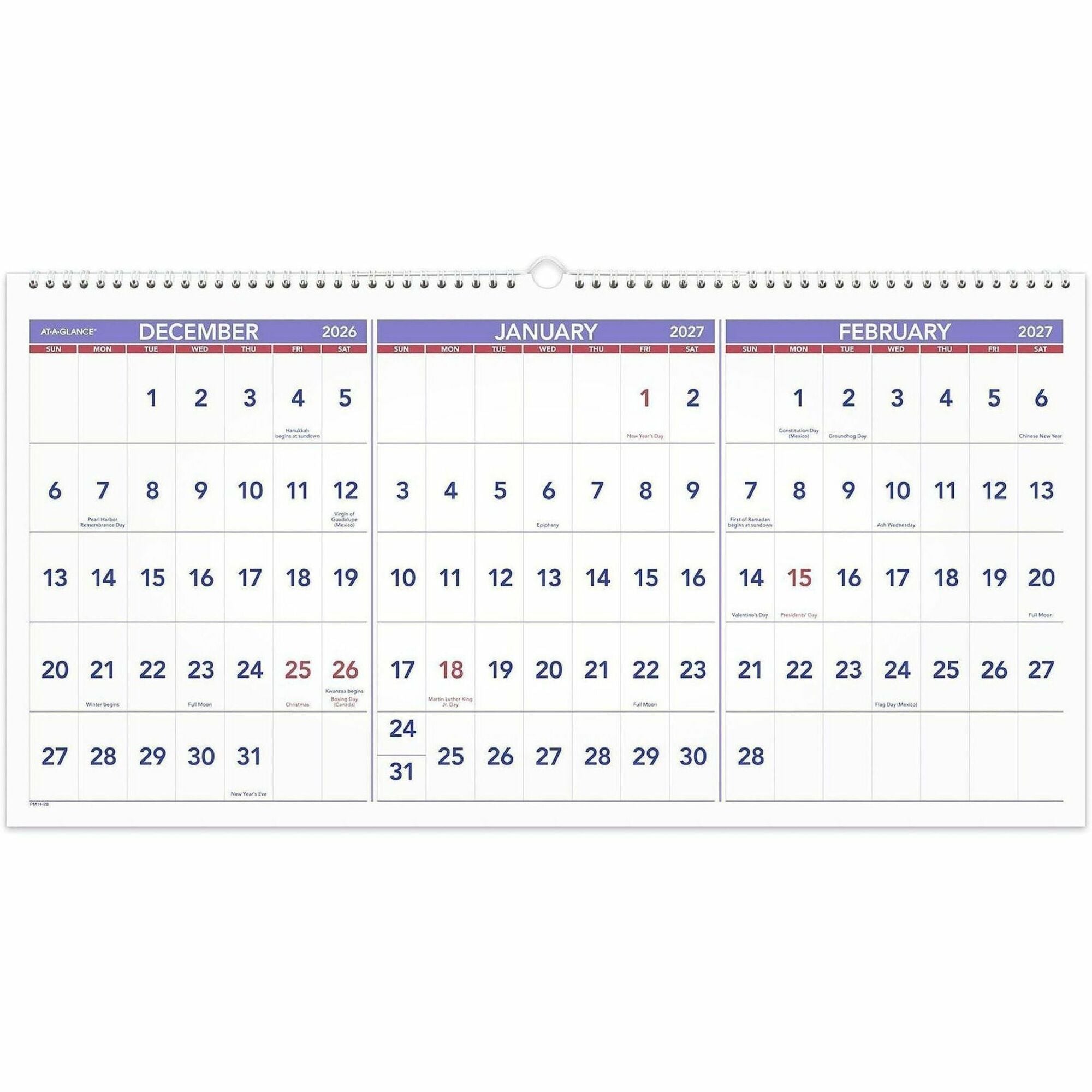 Deluxe Three-Month Reference Wall Calendar, Horizontal Orientation, 24 x 12, White Sheets, 15-Month (Dec-Feb): 2023 to 2025