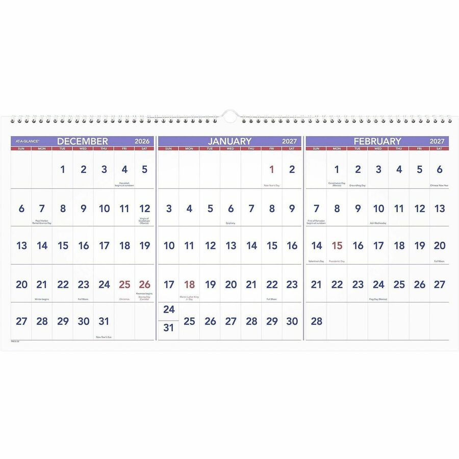 Deluxe Three-Month Reference Wall Calendar, Horizontal Orientation, 24 x 12, White Sheets, 15-Month (Dec-Feb): 2023 to 2025