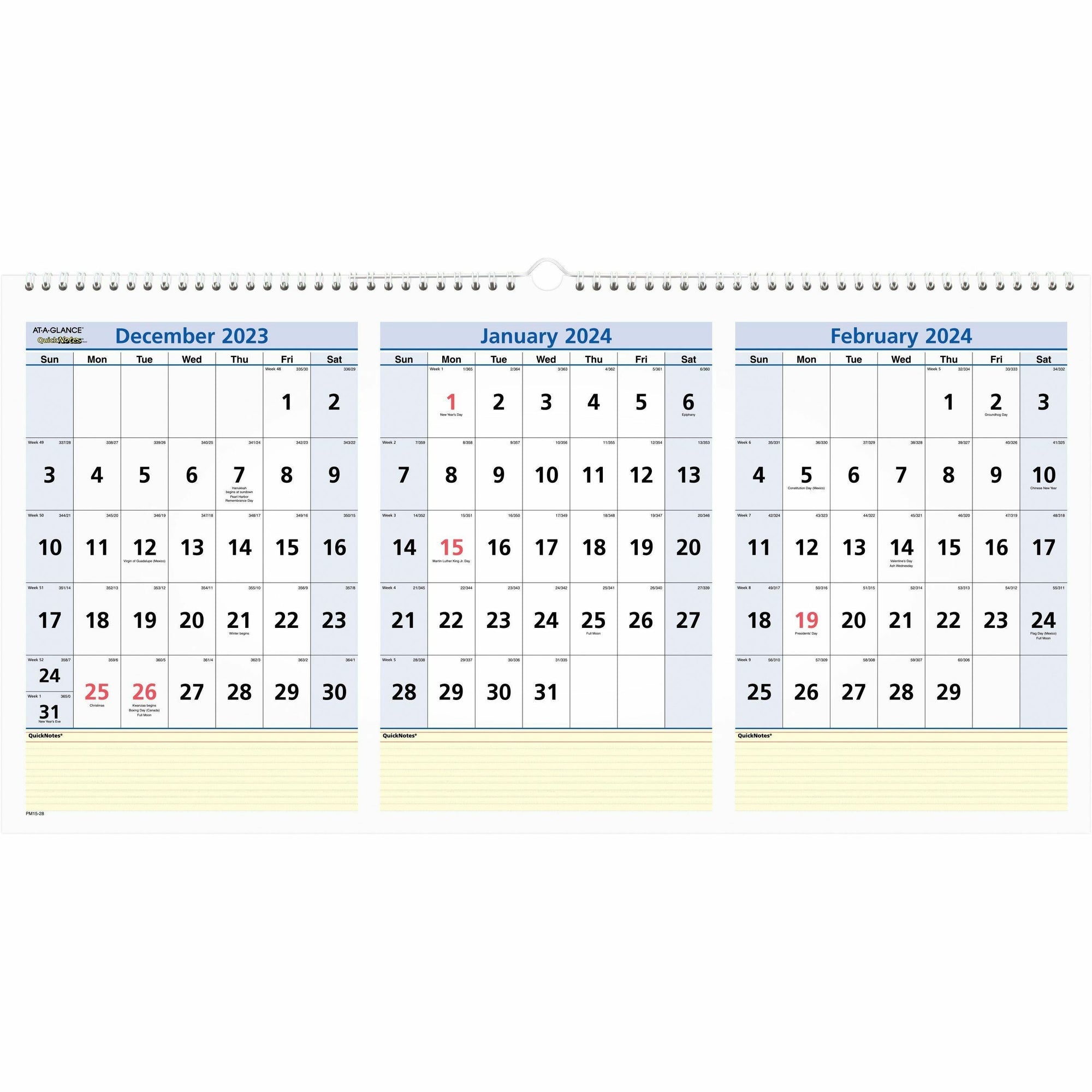 At-A-Glance QuickNotes Three Month Horizontal Wall Calendar - Large Size - Julian Dates - Monthly - 15 Month - December 2023 - February 2025 - 3 Month Single Page Layout - 12" x 24" White Sheet - Wire Bound - White - Chipboard, Paper - Hanging Loop,