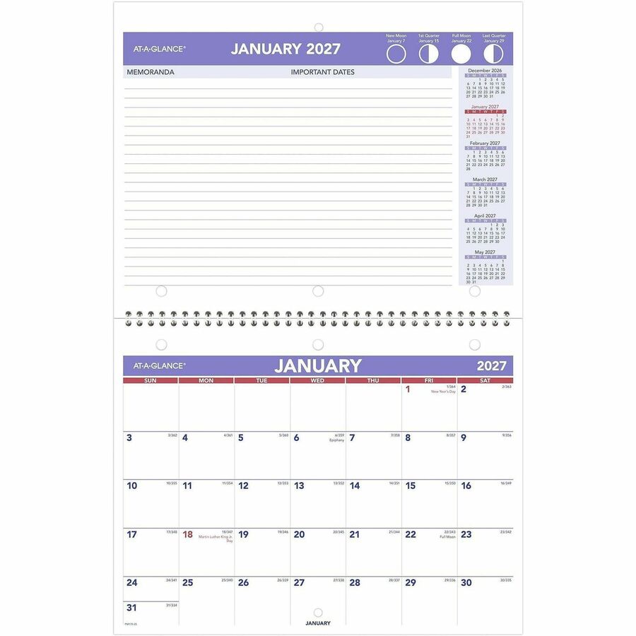 At-A-Glance Desk Wall Calendar - Small Size - Julian Dates - Monthly - 12 Month - January 2024 - December 2024 - 1 Month Single Page Layout 1 Month Double Page Layout - 11" x 8 1/2" White Sheet - 1.50" x 1.25" Block - Wire Bound - Desktop - White - P