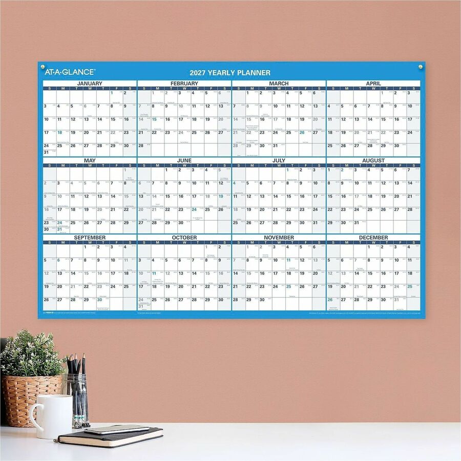 Horizontal Reversible/Erasable Wall Planner, 36 x 24, White/Blue Sheets, 12-Month (Jan to Dec): 2024