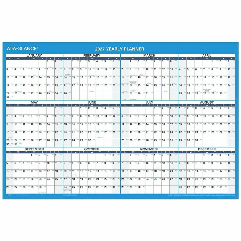 Horizontal Reversible/Erasable Wall Planner, 36 x 24, White/Blue Sheets, 12-Month (Jan to Dec): 2024