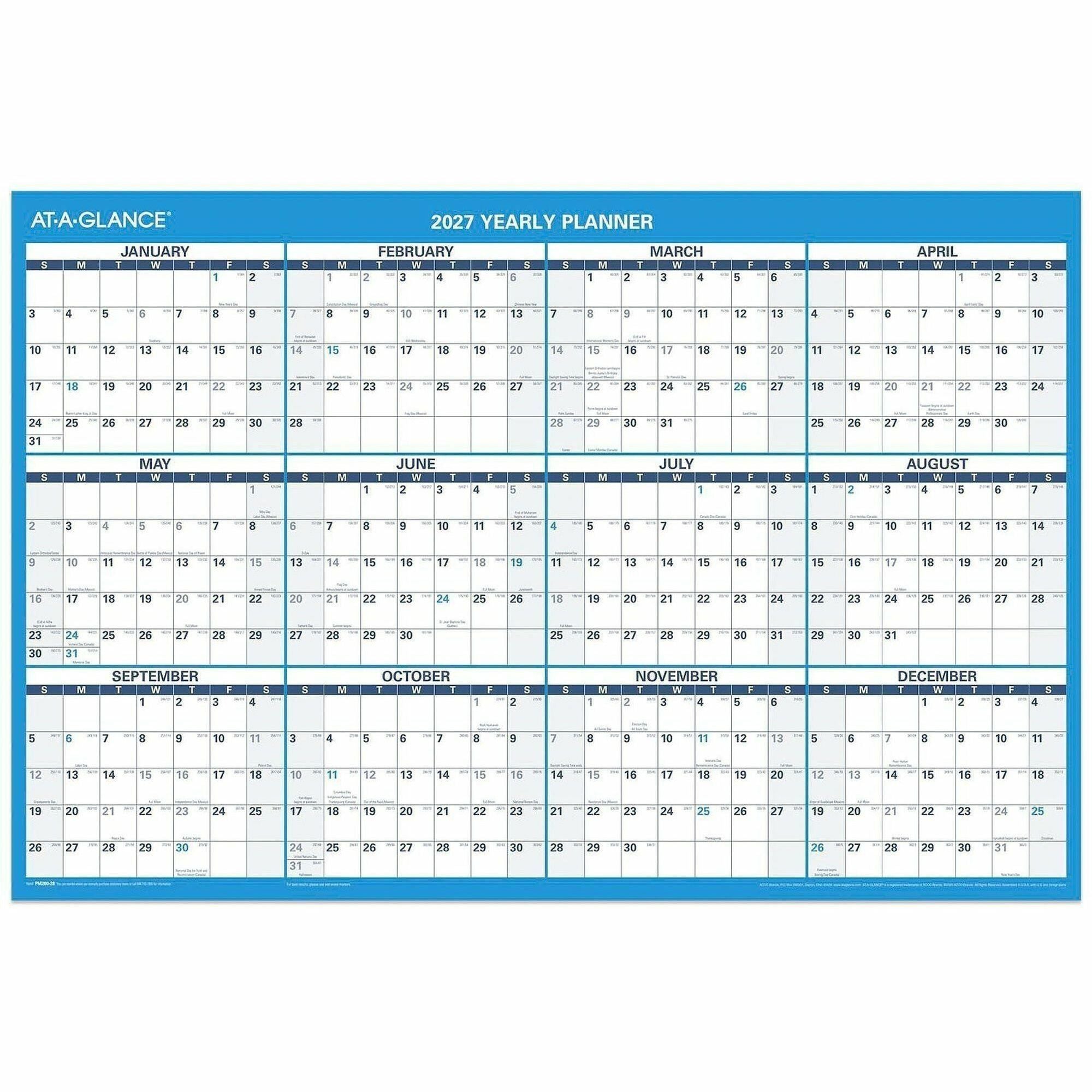 Horizontal Reversible/Erasable Wall Planner, 36 x 24, White/Blue Sheets, 12-Month (Jan to Dec): 2024