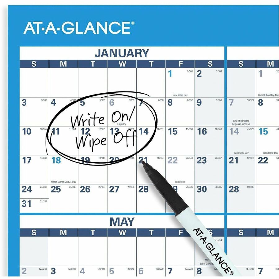 Horizontal Reversible/Erasable Wall Planner, 36 x 24, White/Blue Sheets, 12-Month (Jan to Dec): 2024