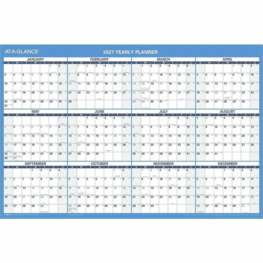 Horizontal Reversible/Erasable Wall Planner, 36 x 24, White/Blue Sheets, 12-Month (Jan to Dec): 2024