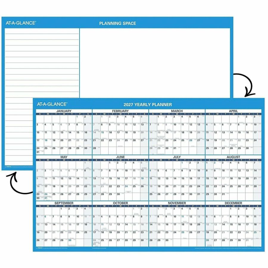 Horizontal Reversible/Erasable Wall Planner, 36 x 24, White/Blue Sheets, 12-Month (Jan to Dec): 2024
