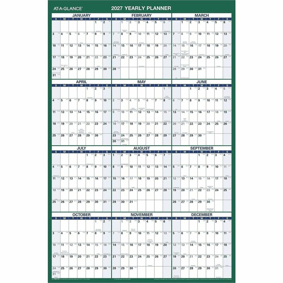 At-A-Glance Vertical Reversible Erasable Wall Calendar - Large Size - Julian Dates - Yearly - 12 Month - January 2024 - December 2024 - 24" x 36" White Sheet - Blue, Gray - Laminate - Erasable, Laminated, Unruled Daily Block, Reversible - 1 Each