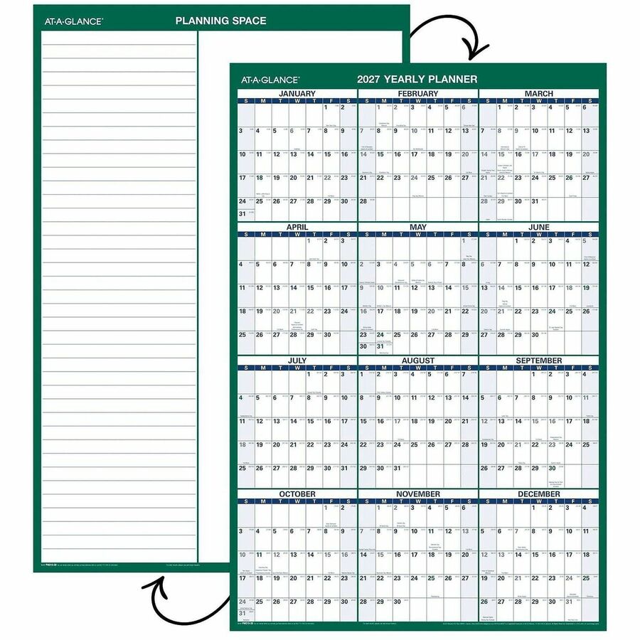 At-A-Glance Vertical Reversible Erasable Wall Calendar - Large Size - Julian Dates - Yearly - 12 Month - January 2024 - December 2024 - 24" x 36" White Sheet - Blue, Gray - Laminate - Erasable, Laminated, Unruled Daily Block, Reversible - 1 Each