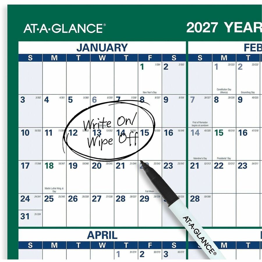 At-A-Glance Vertical Reversible Erasable Wall Calendar - Large Size - Julian Dates - Yearly - 12 Month - January 2024 - December 2024 - 24" x 36" White Sheet - Blue, Gray - Laminate - Erasable, Laminated, Unruled Daily Block, Reversible - 1 Each