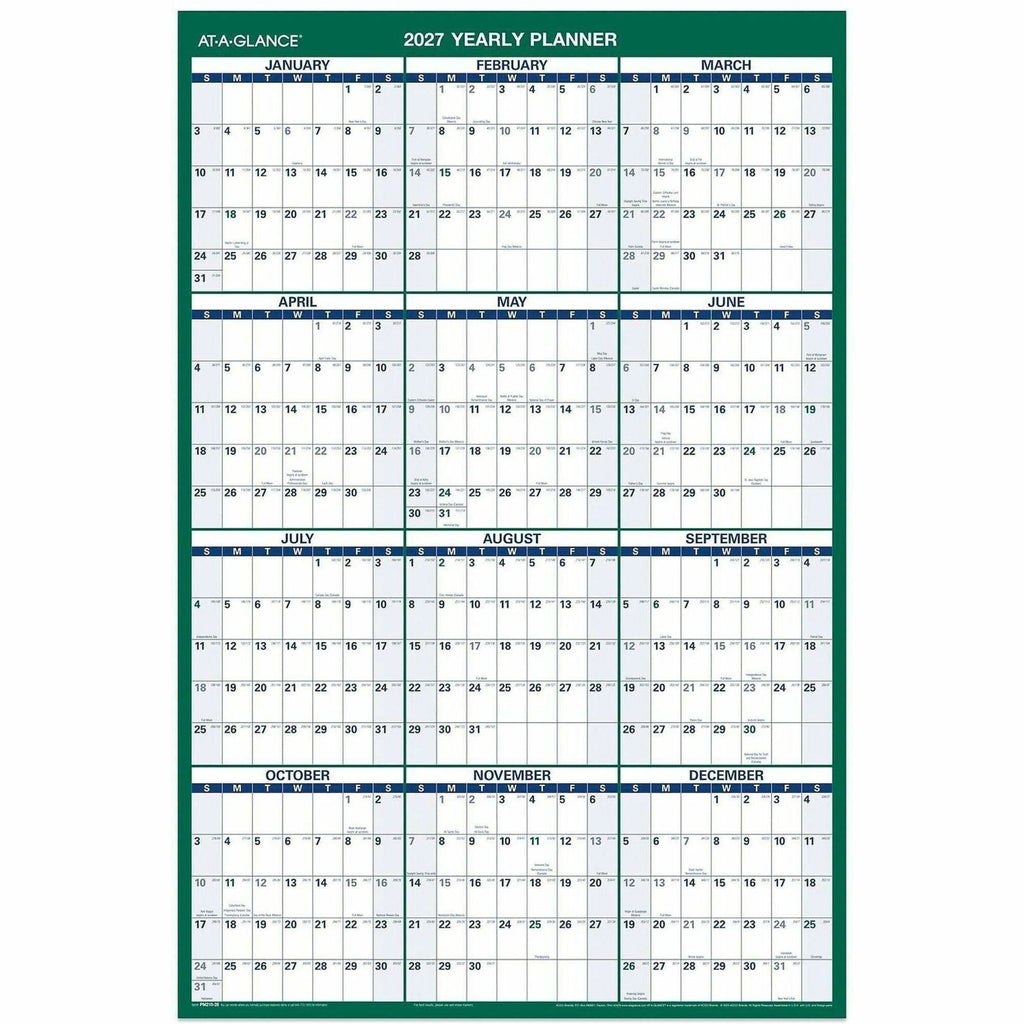 At-A-Glance Vertical Reversible Erasable Wall Calendar - Large Size - Julian Dates - Yearly - 12 Month - January 2024 - December 2024 - 24" x 36" White Sheet - Blue, Gray - Laminate - Erasable, Laminated, Unruled Daily Block, Reversible - 1 Each