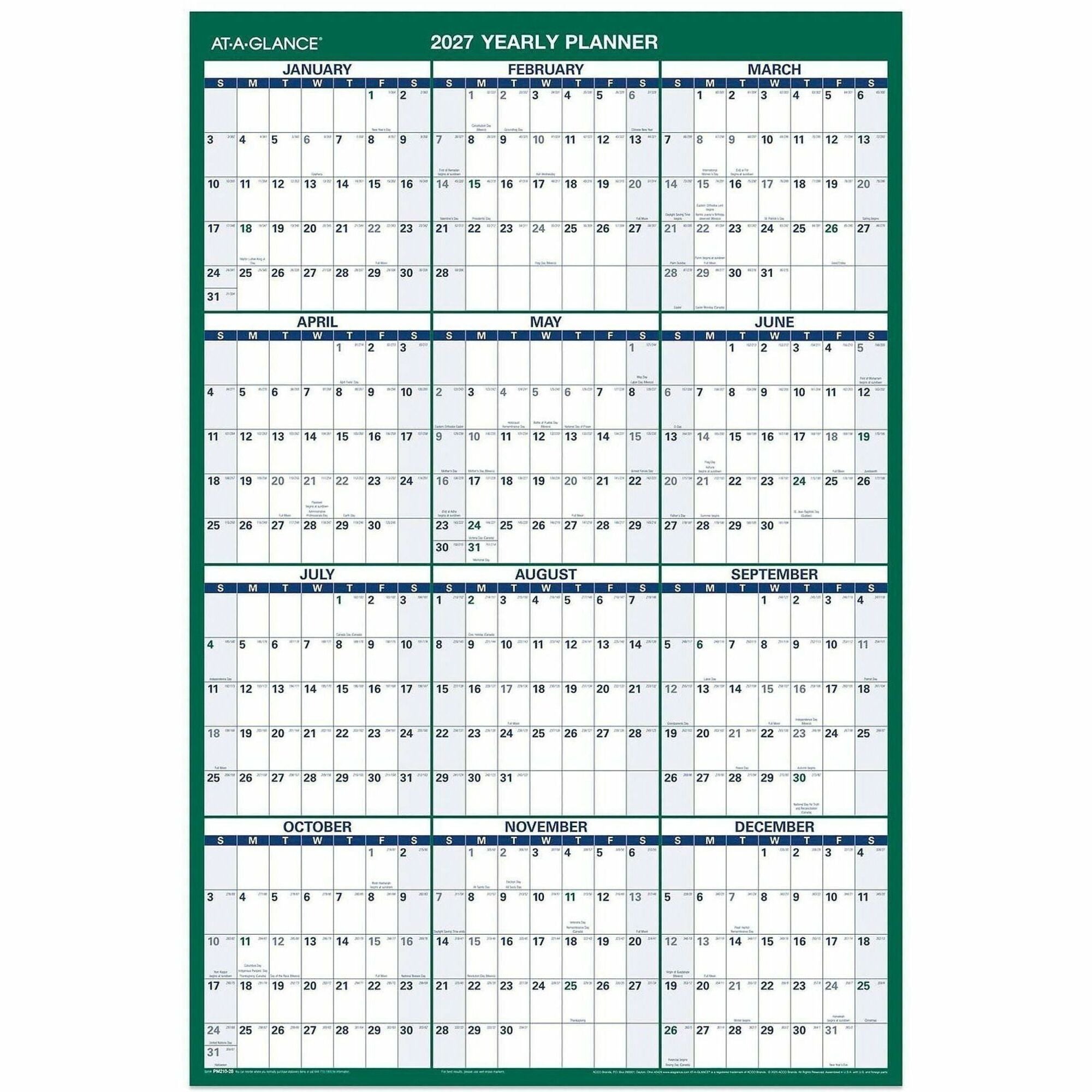 At-A-Glance Vertical Reversible Erasable Wall Calendar - Large Size - Julian Dates - Yearly - 12 Month - January 2024 - December 2024 - 24" x 36" White Sheet - Blue, Gray - Laminate - Erasable, Laminated, Unruled Daily Block, Reversible - 1 Each