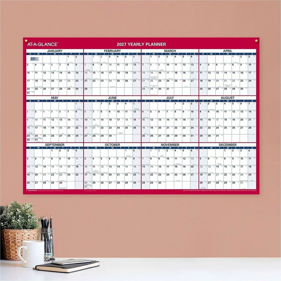 Erasable Vertical/Horizontal Wall Planner, 24 x 36, White/Blue/Red Sheets, 12-Month (Jan to Dec): 2024