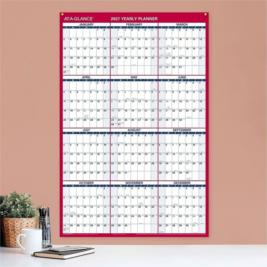 Erasable Vertical/Horizontal Wall Planner, 24 x 36, White/Blue/Red Sheets, 12-Month (Jan to Dec): 2024