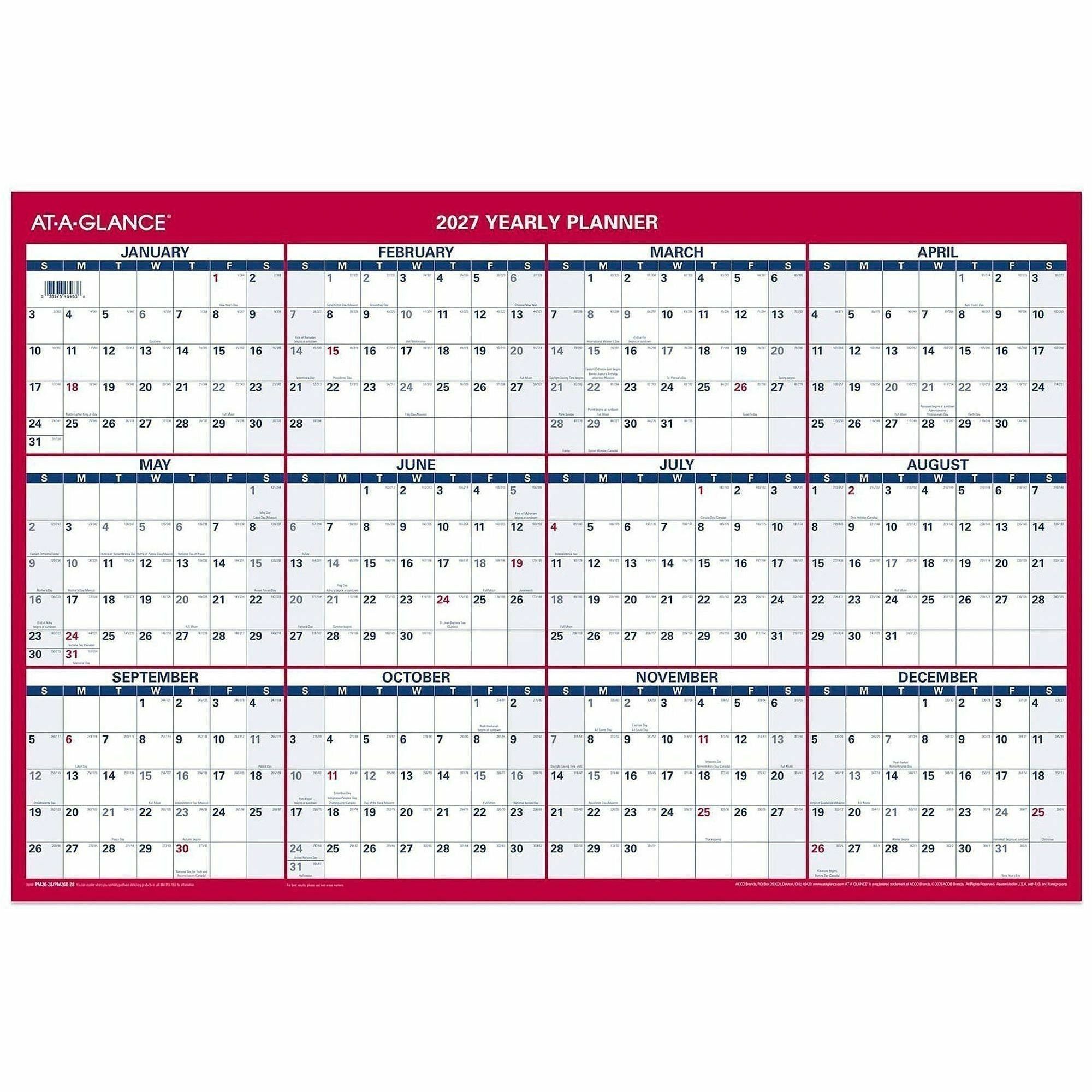 Erasable Vertical/Horizontal Wall Planner, 24 x 36, White/Blue/Red Sheets, 12-Month (Jan to Dec): 2024