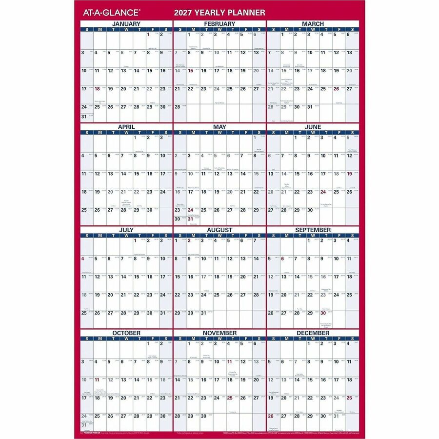 Erasable Vertical/Horizontal Wall Planner, 24 x 36, White/Blue/Red Sheets, 12-Month (Jan to Dec): 2024