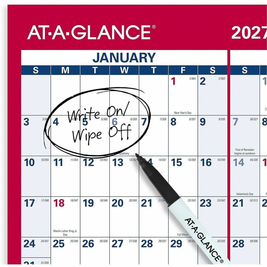 Erasable Vertical/Horizontal Wall Planner, 24 x 36, White/Blue/Red Sheets, 12-Month (Jan to Dec): 2024