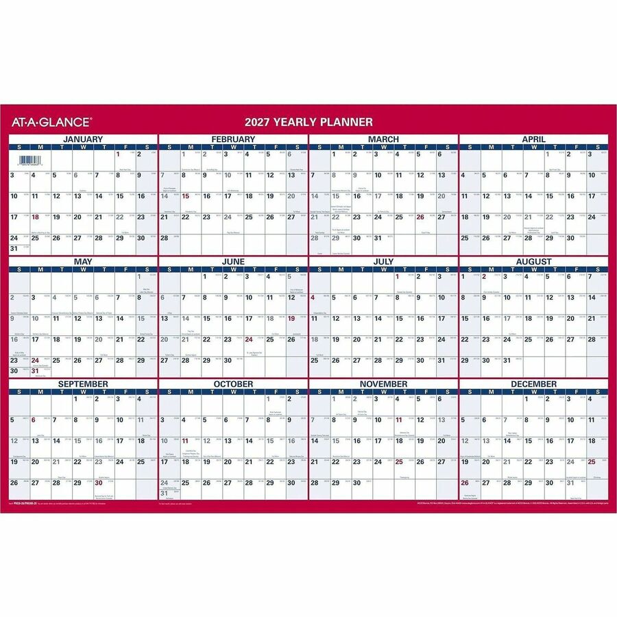 Erasable Vertical/Horizontal Wall Planner, 24 x 36, White/Blue/Red Sheets, 12-Month (Jan to Dec): 2024