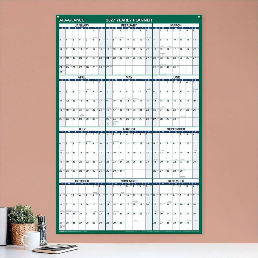 At-A-Glance Vertical Reversible Erasable Wall Calendar - Extra Large Size - Julian Dates - Yearly - 12 Month - January 2024 - December 2024 - 48" x 32" White Sheet - Green - Laminate - Erasable, Laminated, Write on/Wipe off, Reversible, Notes Area, U