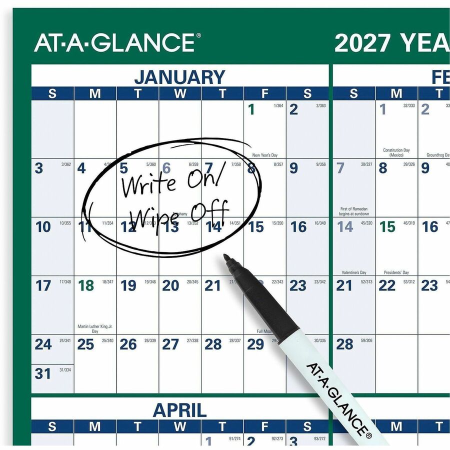 At-A-Glance Vertical Reversible Erasable Wall Calendar - Extra Large Size - Julian Dates - Yearly - 12 Month - January 2024 - December 2024 - 48" x 32" White Sheet - Green - Laminate - Erasable, Laminated, Write on/Wipe off, Reversible, Notes Area, U