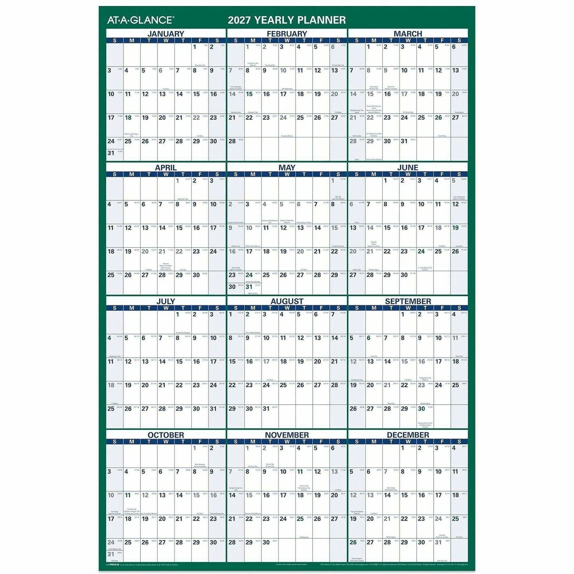 At-A-Glance Vertical Reversible Erasable Wall Calendar - Extra Large Size - Julian Dates - Yearly - 12 Month - January 2024 - December 2024 - 48" x 32" White Sheet - Green - Laminate - Erasable, Laminated, Write on/Wipe off, Reversible, Notes Area, U