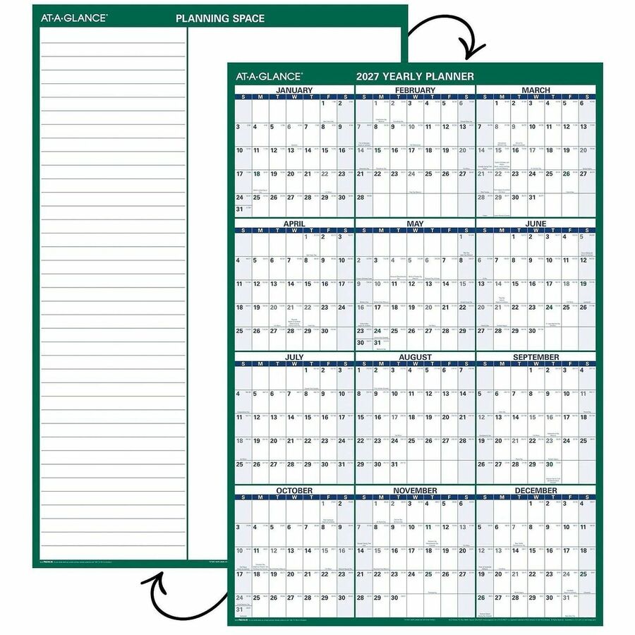 At-A-Glance Vertical Reversible Erasable Wall Calendar - Extra Large Size - Julian Dates - Yearly - 12 Month - January 2024 - December 2024 - 48" x 32" White Sheet - Green - Laminate - Erasable, Laminated, Write on/Wipe off, Reversible, Notes Area, U