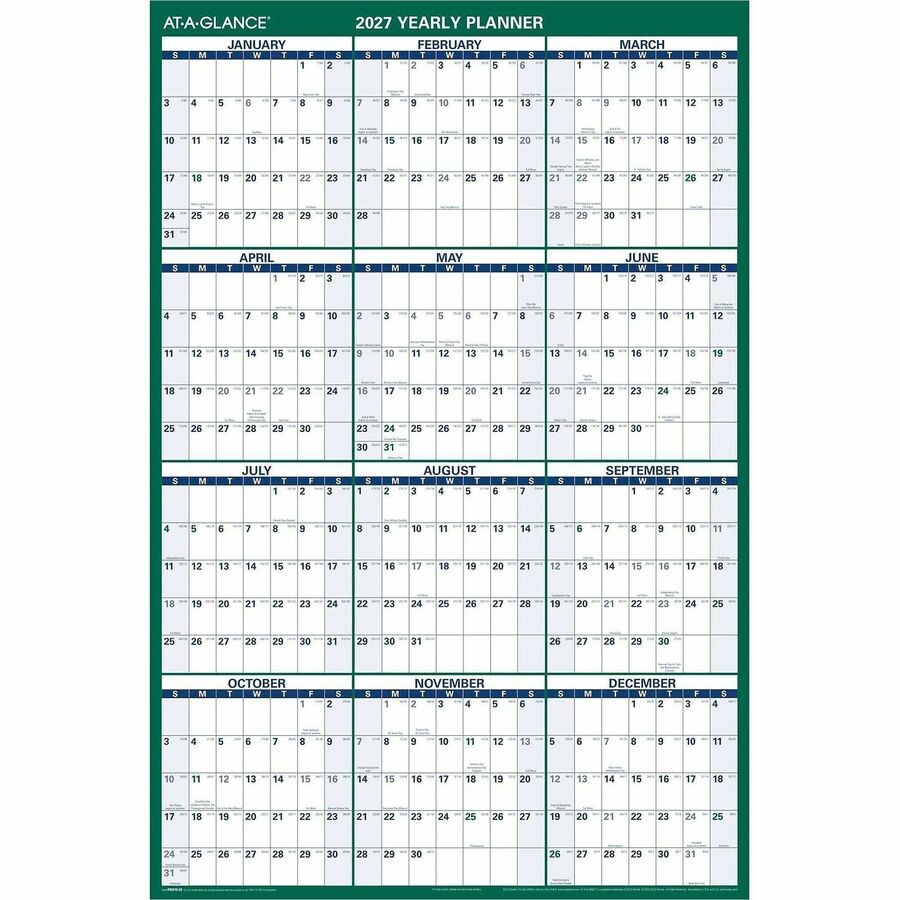 At-A-Glance Vertical Reversible Erasable Wall Calendar - Extra Large Size - Julian Dates - Yearly - 12 Month - January 2024 - December 2024 - 48" x 32" White Sheet - Green - Laminate - Erasable, Laminated, Write on/Wipe off, Reversible, Notes Area, U
