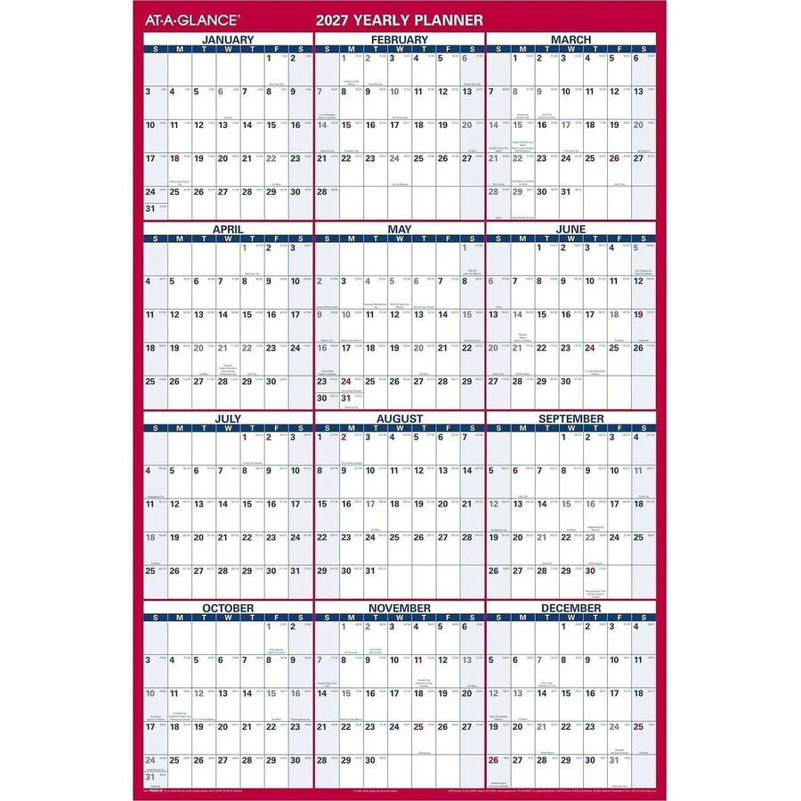At-A-Glance Vertical Reversible Horizontal Erasable Wall Calendar - Extra Large Size - Julian Dates - Yearly - 12 Month - January 2024 - December 2024 - 48" x 32" White Sheet - 1.25" x 1.88" , 1.63" x 1.63" Block - Red - Laminate - Erasable, Reversib